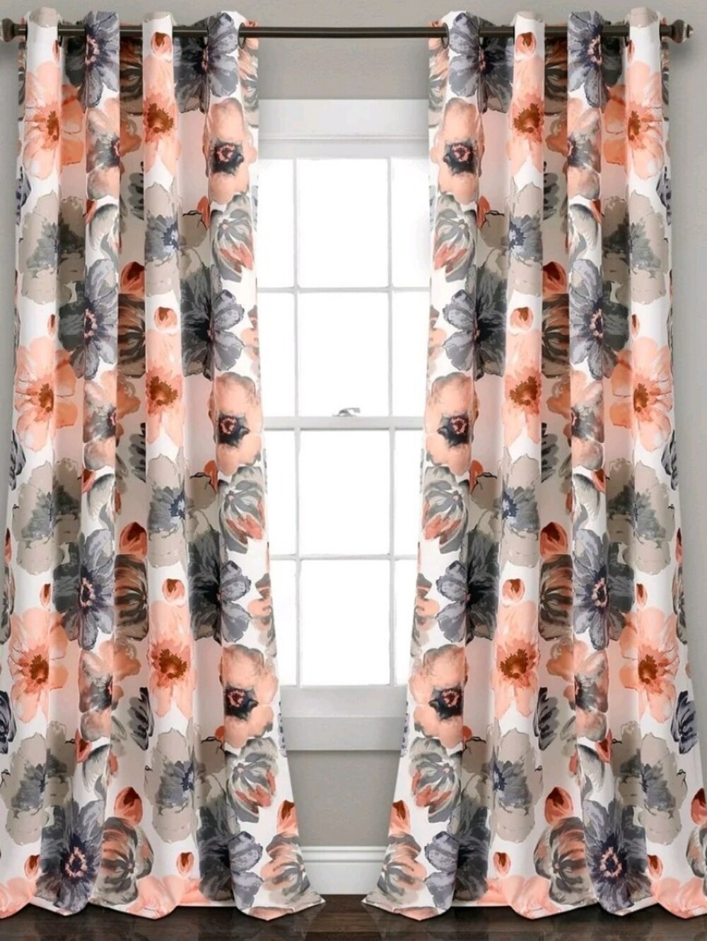 Half Moon Leah Floral Grommet Window Curtains - Coral and Gray